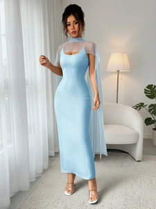 Slim fit light blue ribbed slip dress with matching sheer mesh shawl and long length