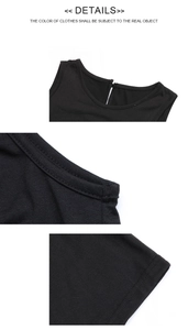 Détails du bouton arrière, des coutures d'épaules et de l'ourlet d'une robe noire sans manches