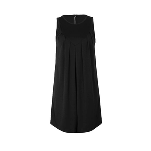 Robe d'été noire sans manches avec col rond, détails de coutures en V et ourlet plissé