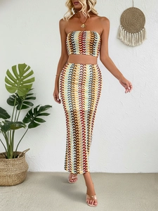 Detail of the knit texture and colorful wave pattern on this bohemian two-piece set