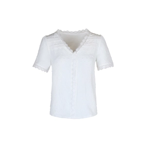 Detailed close-up of white Swiss dot fabric with delicate crochet lace on the V-neckline