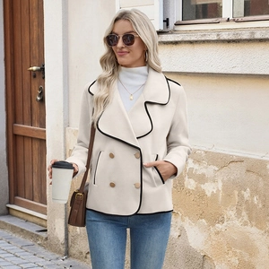 Women's off-white double-breasted coat with black contrast trim and large lapels