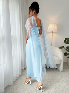 Elegant light blue slim fit camisole maxi dress with a matching sheer tulle cape wrap