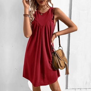 Robe Débardeur Décontractée Sans Manches pour Femmes Été Plissée Col en V Ligne A Robe Mini Couleur Unie Ample Vacances Plage