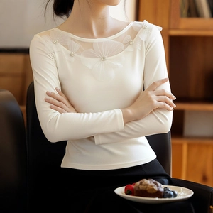 Cream long sleeve women's top with mesh panel neck, 3D mesh flowers and pearls