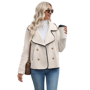 Short cream double-breasted wool cardigan jacket with black piping and gold buttons