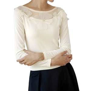 Elegant mesh splice long sleeve top with 3D floral accents and pearl details