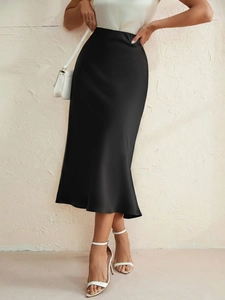 Elegant high-waisted black satin midi skirt with smooth texture and pearl luster finish