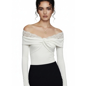 Elegant white off-shoulder bodysuit with lace splicing and front twist knot long sleeves