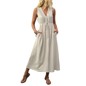 Off-white sleeveless V-neck midi dress with drawstring waist and front buttons