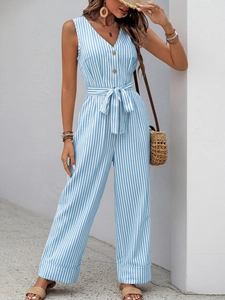 Detail of the blue and white striped sleeveless romper with V-neck and wood buttons