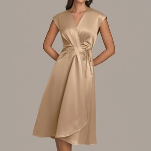 Robe Midi Élégante en Satin Col en V Sans Manches pour Femmes Couleur Unie Irrégulière Taille Nouée Banquet Fête Robe de Soirée