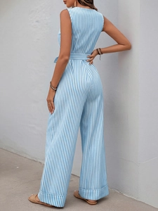Detail view of summer blue striped sleeveless jumpsuit with waist tie and wide leg design