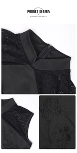 Close-up of black Cheongsam dress featuring lace patchwork and 3D floral embroidery