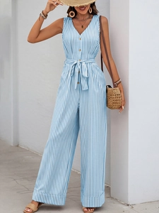 Detailed view of the V-neck and button closure on blue striped sleeveless jumpsuit