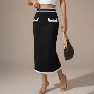 Elegant Women High Waist Midi Bodycon Skirt Contrast Piping Decorative Gold Buttons Office Commute Formal Pencil Skirt