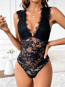 Close-up of elegant V-neck floral lace bodysuit featuring delicate eyelash lace trim