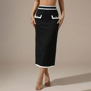 Elegant black high waist midi skirt with white contrast trim and gold buttons for women
