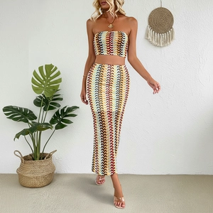 Women's two-piece colorful striped tube top and slim maxi skirt set for summer beach vacations