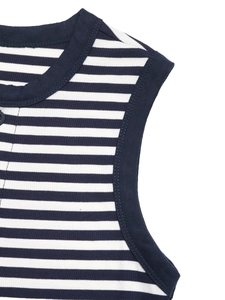 Dettaglio del top in maglia a righe blu e bianche con scollo a costine e cuciture rifinite