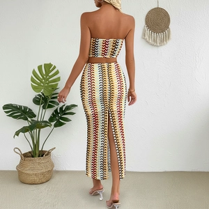 Women's summer striped tube top and slim maxi skirt set in bohemian wave print