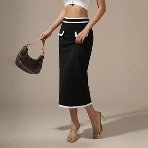 Summer high waist black and white contrast midi skirt with gold button pockets