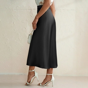 Elegant black satin midi mermaid skirt with high waist and glossy silk texture finish