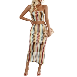 Women colorful striped knit two-piece set with strapless crop top and midi skirt