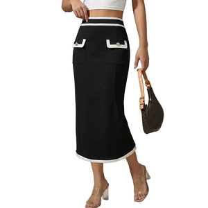 Elegant high waist black midi skirt with white contrast piping and gold metal buttons