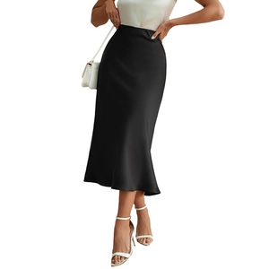 Elegant black high-waisted satin midi mermaid skirt with a silky glossy finish