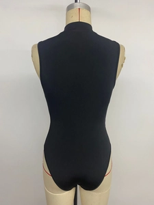 Rear view of sleek black sleeveless bodysuit with high neck and lace拼接 detailing
