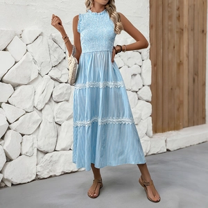 Blue and white striped sleeveless dress with smocked bodice and lace trim detail