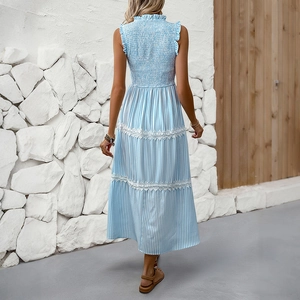 French style striped sleeveless maxi dress with lace trim and smocked waist for summer
