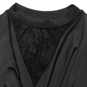 Close-up of black sleeveless bodysuit featuring elegant lace patchwork and cowl neckline detail