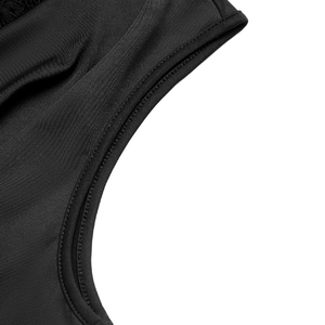 Close-up of black sleeveless bodysuit featuring intricate lace trim and flat lock stitching