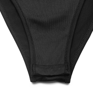 Detail of black lace bodysuit with high-elastic fabric and reinforced hem stitching