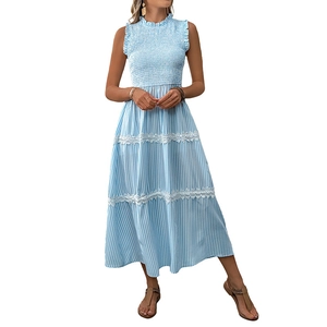 Blue striped sleeveless maxi dress with smocked bodice and lace inserts for summer
