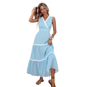 Blue and white striped V-neck sleeveless maxi dress with lace trim and tiered skirt