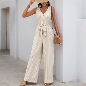 Women's Summer Casual V Neck Sleeveless Striped Jumpsuit With Belt Wide Leg Cotton Blend Buttons One Piece Romper