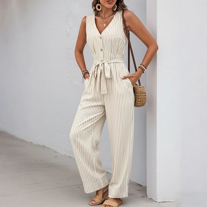 Women's sleeveless striped jumpsuit with V-neck and belted waist for summer leisure