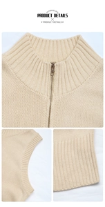 Detailed close-up of ribbed collar with metal zipper on cream sleeveless knit cardigan
