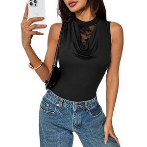 Elegant black cowl neck sleeveless bodysuit with lace splicing details on a model