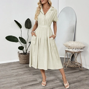Women Rever Collar Shirt Dress Short Sleeve Pleated A-Line Button Down Midi Dress With Pockets Viscose Linen Blend Summer