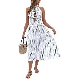 Women's sleeveless polka dot summer dress with halter neck and bow cutout details