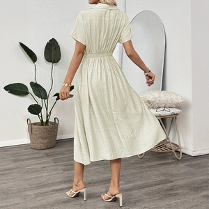 Short sleeve beige midi dress with high elastic waist and elegant turn-down collar
