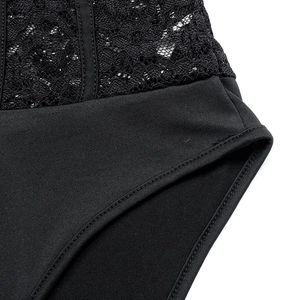 Close-up detail of black lace stitching and elastic fabric texture on bodysuit