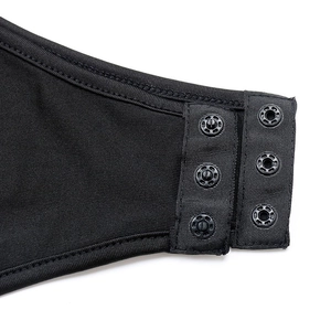 Detail shot of the bottom snap closure with three black buttons on the bodysuit