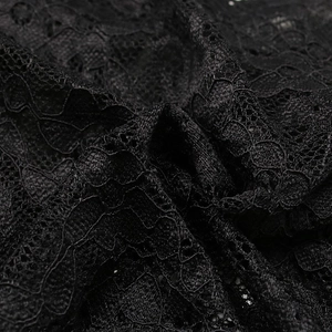 Detailed macro shot of intricate black lace fabric with floral patterns and mesh texture