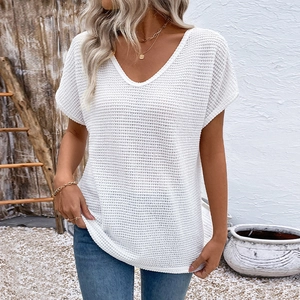 Women Casual Waffle Knit T-Shirt Lace Patchwork V Neck Short Sleeve Loose Top Summer Boho Style Tie Back Fashion Clothing
