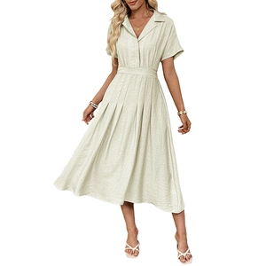 Elegant beige short sleeve pleated midi dress with lapel collar and belted waist for women